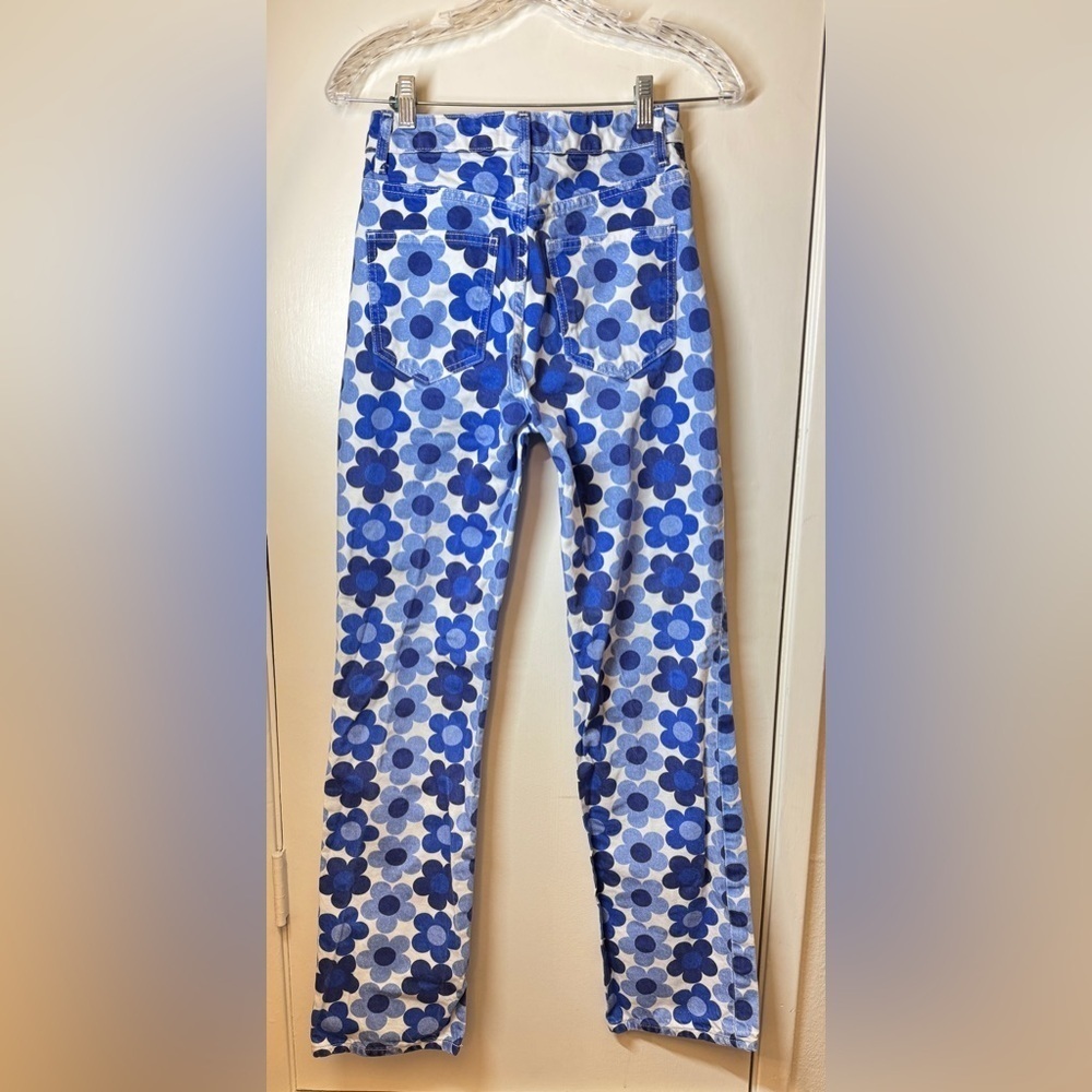 Zara Women’s Floral Blue White High Rise Straight Leg Button Fly Cotton Jeans 2 - Picture 8 of 13
